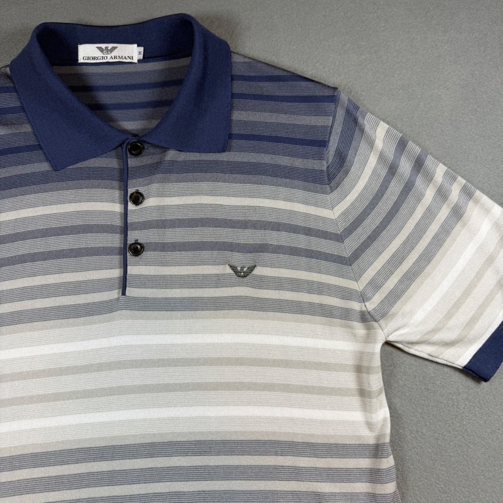 Vintage Giorgio Armani Mens Polo Shirt Sz M Blue Ombre Stripe Cotton Silk Italy